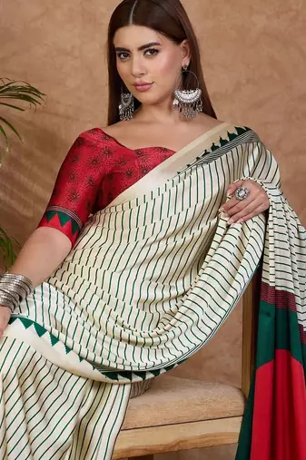 cream striped silk blend designer saree