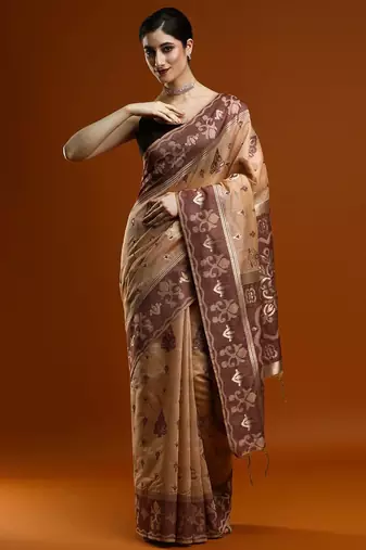 brown ethnic motifs zari cotton saree with blouse