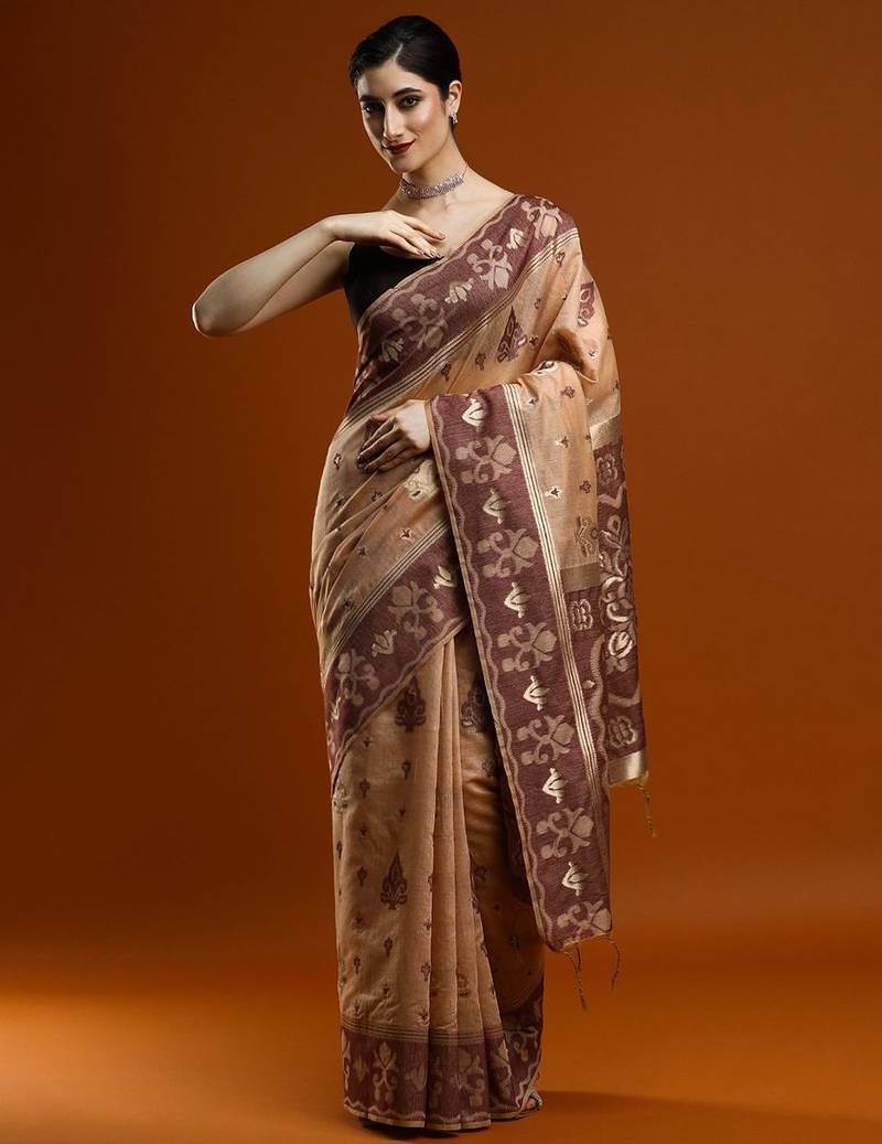 brown ethnic motifs zari cotton saree with blouse