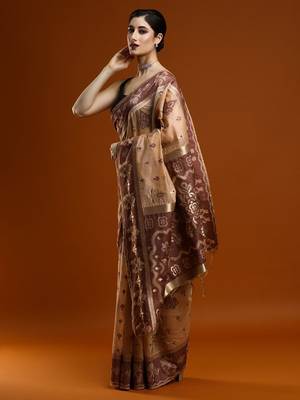 brown ethnic motifs zari cotton saree with blouse 2