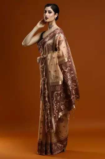 brown ethnic motifs zari cotton saree with blouse