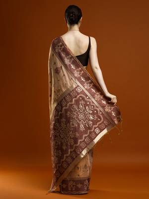 brown ethnic motifs zari cotton saree with blouse 3