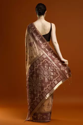 brown ethnic motifs zari cotton saree with blouse