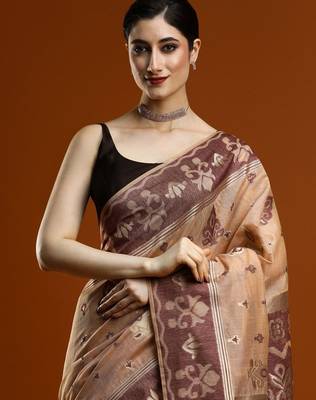 brown ethnic motifs zari cotton saree with blouse 4
