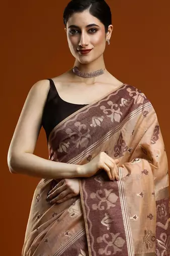 brown ethnic motifs zari cotton saree with blouse