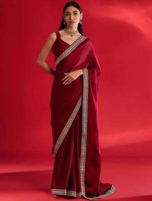 maroon sequinned satin saree 1
