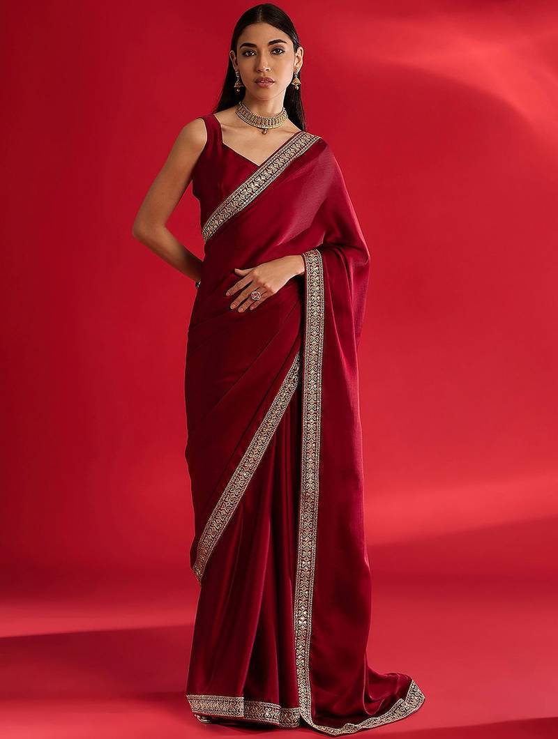 maroon sequinned satin saree