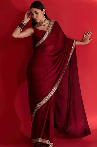 maroon sequinned satin saree