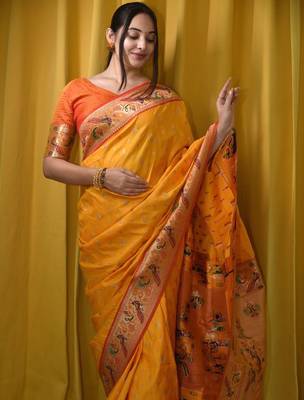 yellow woven design zari paithani saree 3
