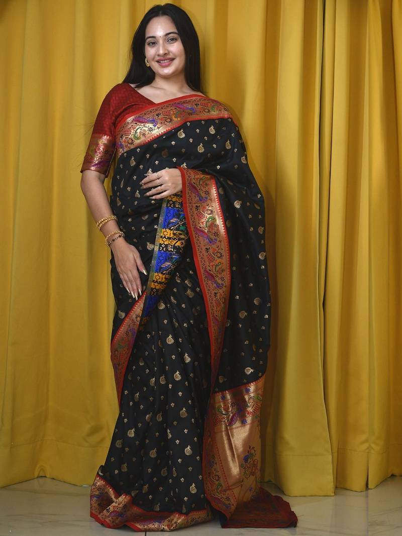 black woven design zari paithani saree