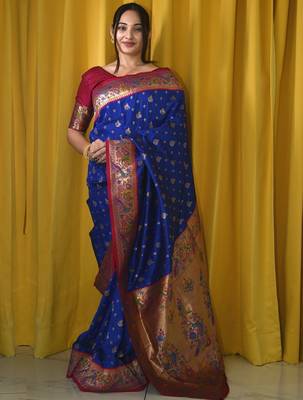 blue woven design zari designer paithani saree 1