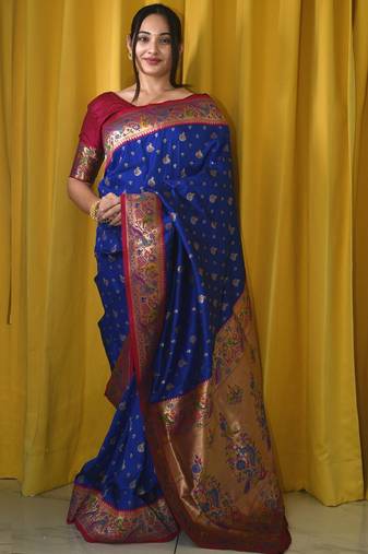 blue woven design zari designer paithani saree