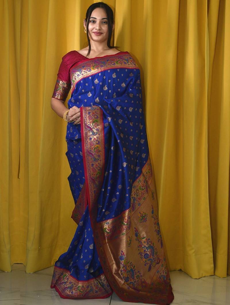 blue woven design zari designer paithani saree