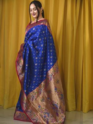 blue woven design zari designer paithani saree 2