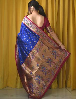 blue woven design zari designer paithani saree 3