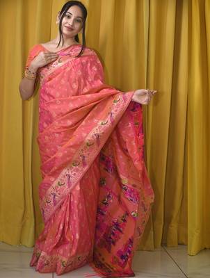 peach woven design designer paithani saree 1