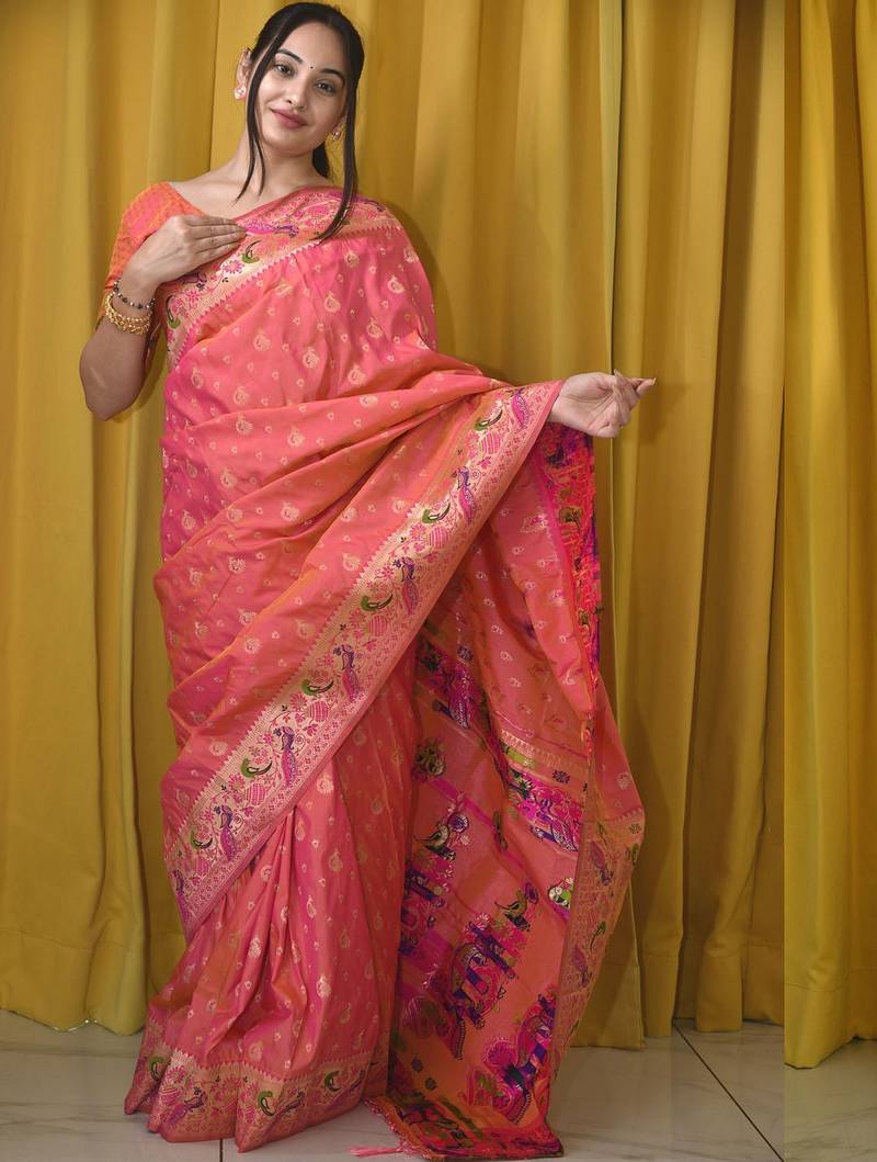 peach woven design designer paithani saree