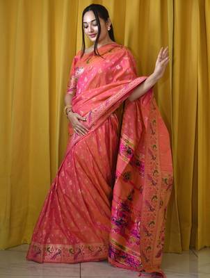 peach woven design designer paithani saree 2