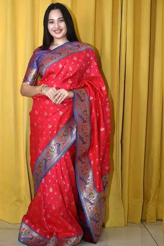 pink woven design zari paithani saree
