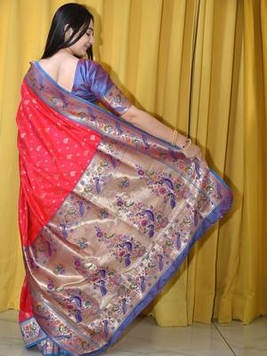 pink woven design zari paithani saree 3
