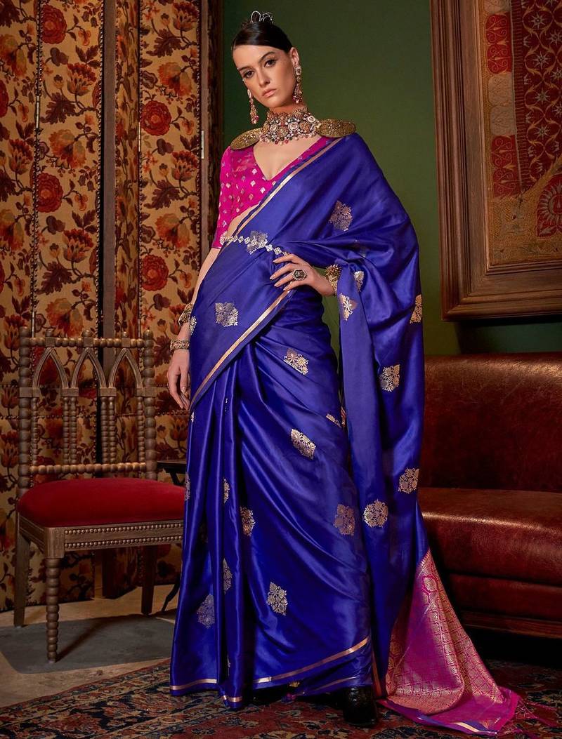 blue bagh ethnic motif zari woven banarasi saree