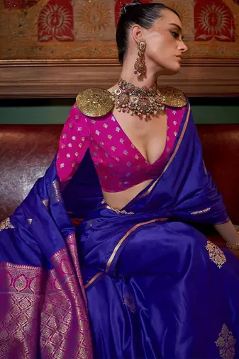 blue bagh ethnic motif zari woven banarasi saree