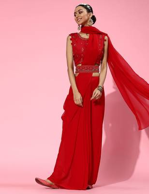 red sleek pure georgette saree 2