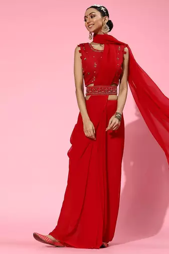 red sleek pure georgette saree
