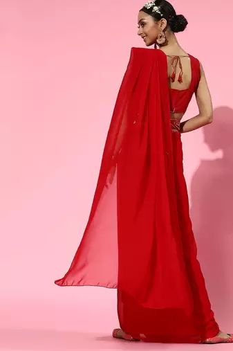 red sleek pure georgette saree
