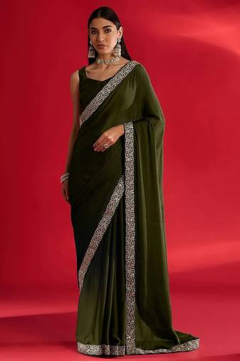 olive embroidered satin saree