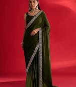 olive embroidered satin saree