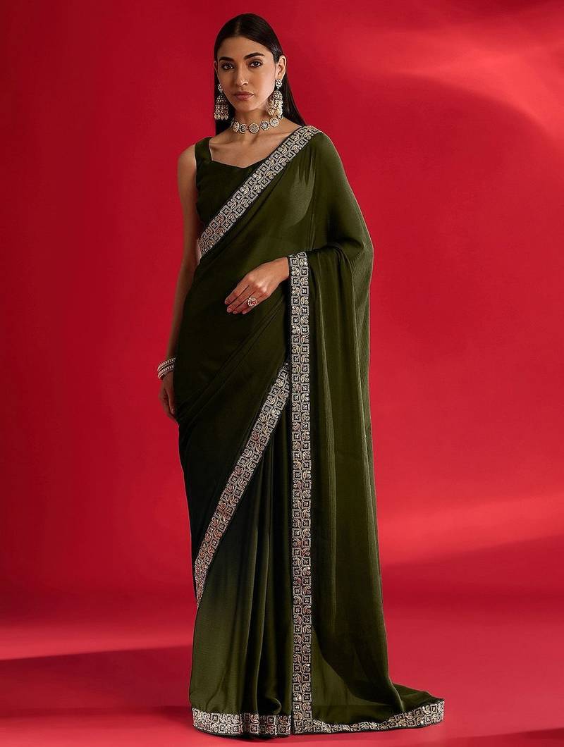 olive embroidered satin saree