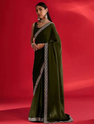 olive embroidered satin saree 2