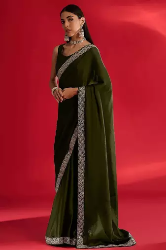 olive embroidered satin saree