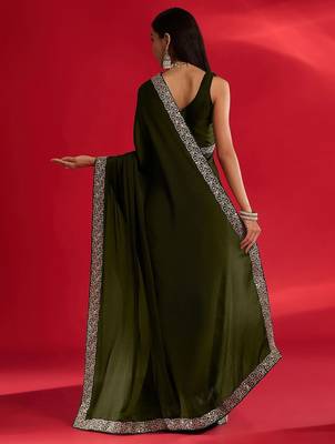 olive embroidered satin saree 3