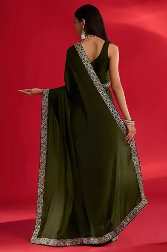 olive embroidered satin saree
