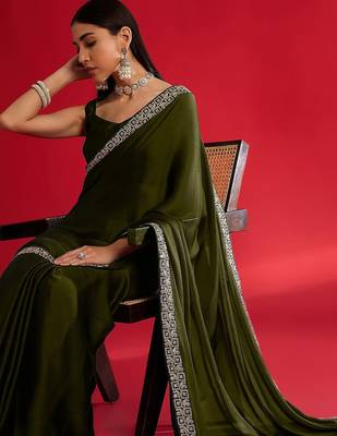 olive embroidered satin saree 4
