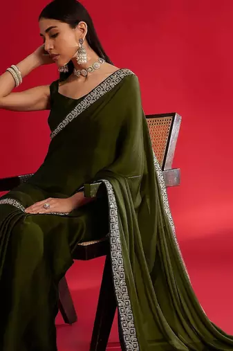 olive embroidered satin saree