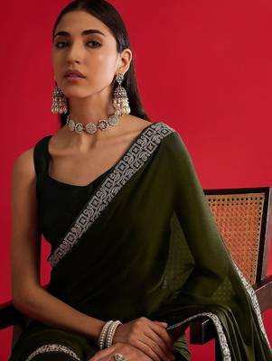 olive embroidered satin saree 5