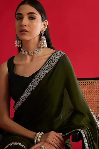olive embroidered satin saree