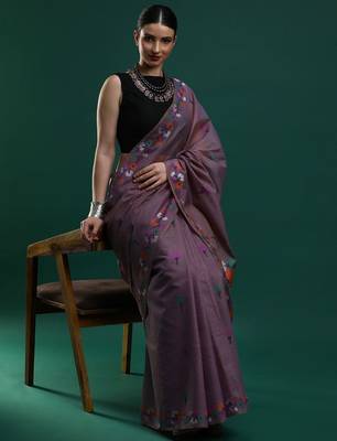 lavender floral motifs woven design muga saree 1
