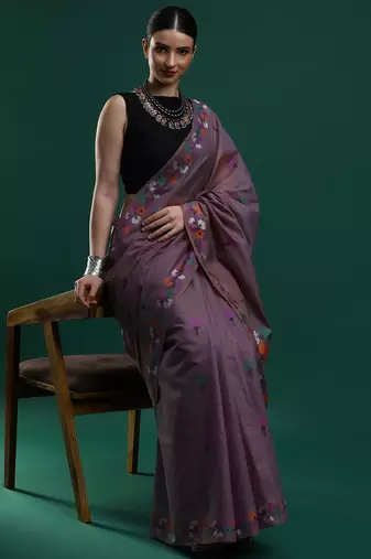lavender floral motifs woven design muga saree