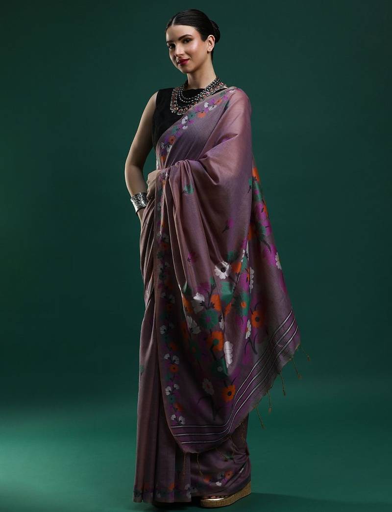 lavender floral motifs woven design muga saree