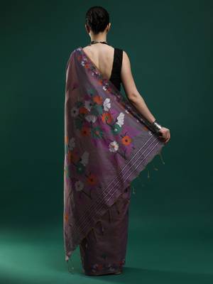 lavender floral motifs woven design muga saree 3