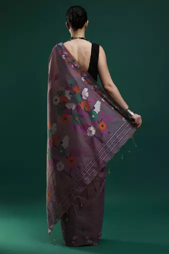 lavender floral motifs woven design muga saree