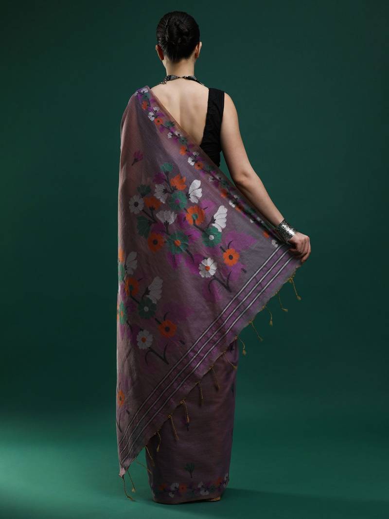 lavender floral motifs woven design muga saree