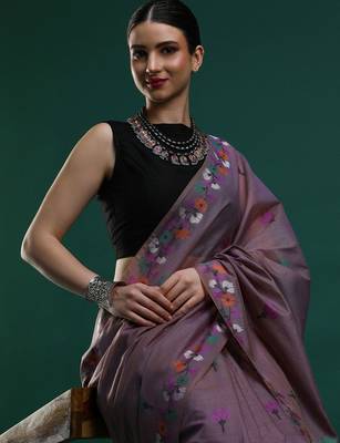 lavender floral motifs woven design muga saree 4