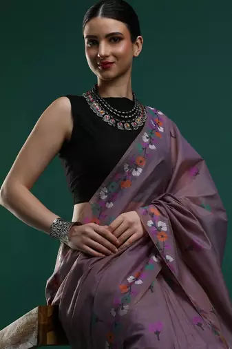 lavender floral motifs woven design muga saree