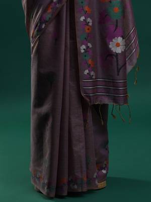 lavender floral motifs woven design muga saree 5