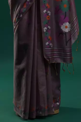 lavender floral motifs woven design muga saree